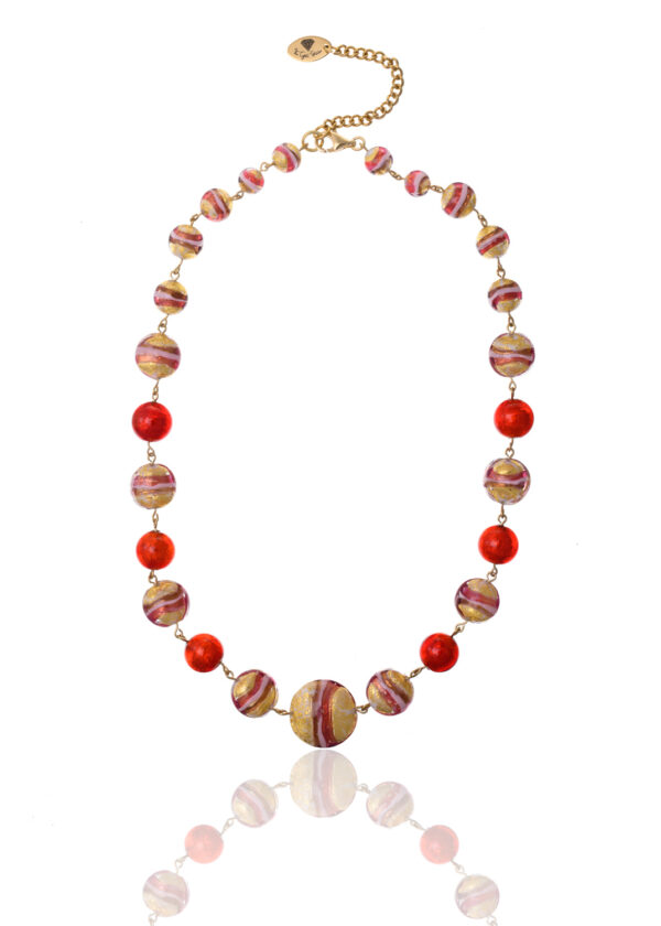 Murano necklace featuring red and multicolored beads on a white background